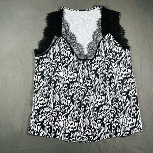 Sleeveless Top‎ Lace Trim Black White Print Tank Casual Blouse Size L